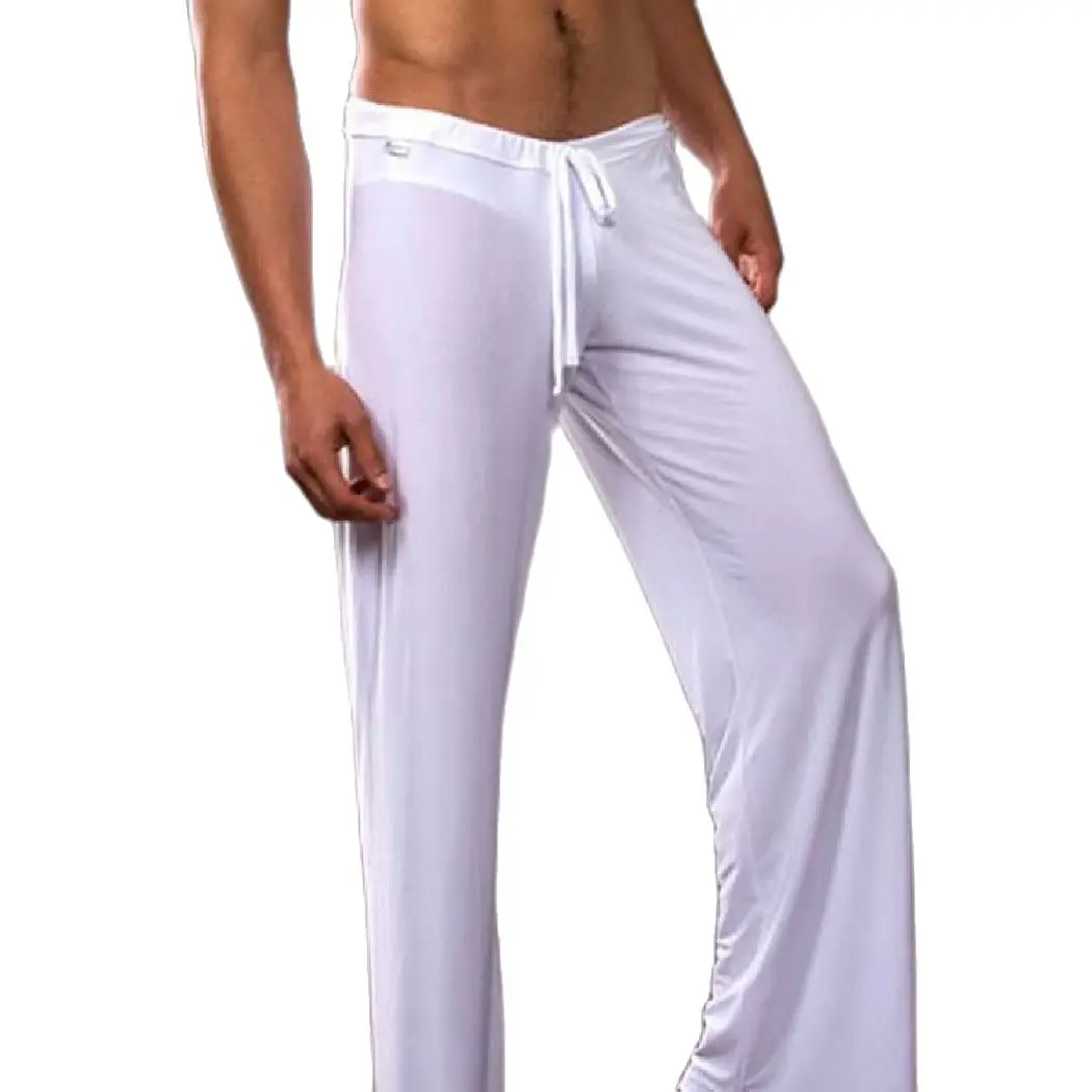 Pantalones de malla transpirables de cintura baja para hombres, ropa de dormir fina de seda de hielo para Yoga, pantalones transparentes para el