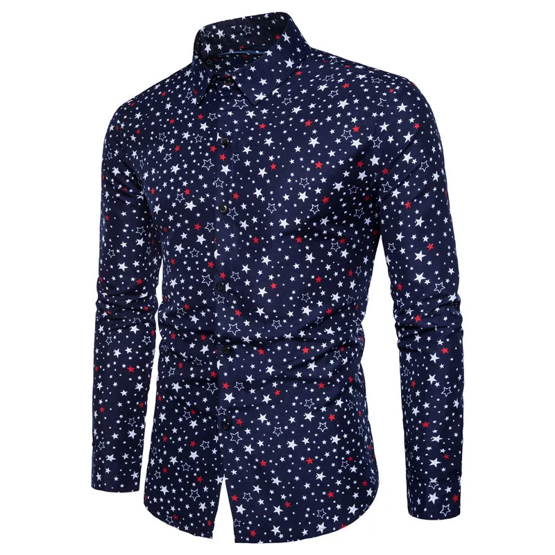 2021 Fashion Star Print Mens Shirts Casual Slim Fit Long Sleeve Dress Shirts for Men Korean Clothes Men