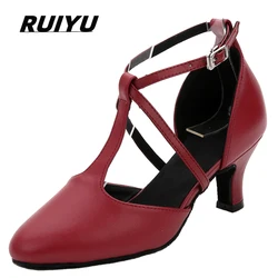 Latin Dance Shoes Salsa Tango Ballroom Performance Women's Sports Dance High-heeled Sandals Red Black Leather Dancing Shoes