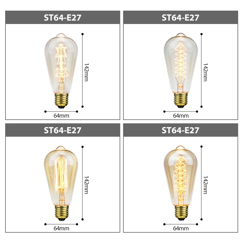 빈티지 에디슨 전구 레트로 램프 ST64 G95 G80 A19 T10 T45 T185 220v 백열 전구 E27 웨딩 조명 40w 홈 장식