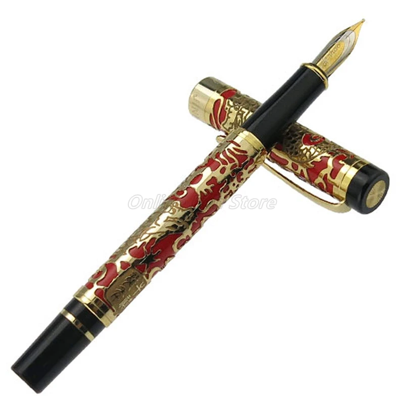 Jinhao 5000 Metal Dragon Texture Carving Red Barrel Fine Nib Fountain Pen Office School Writing Gift Pen Accessory