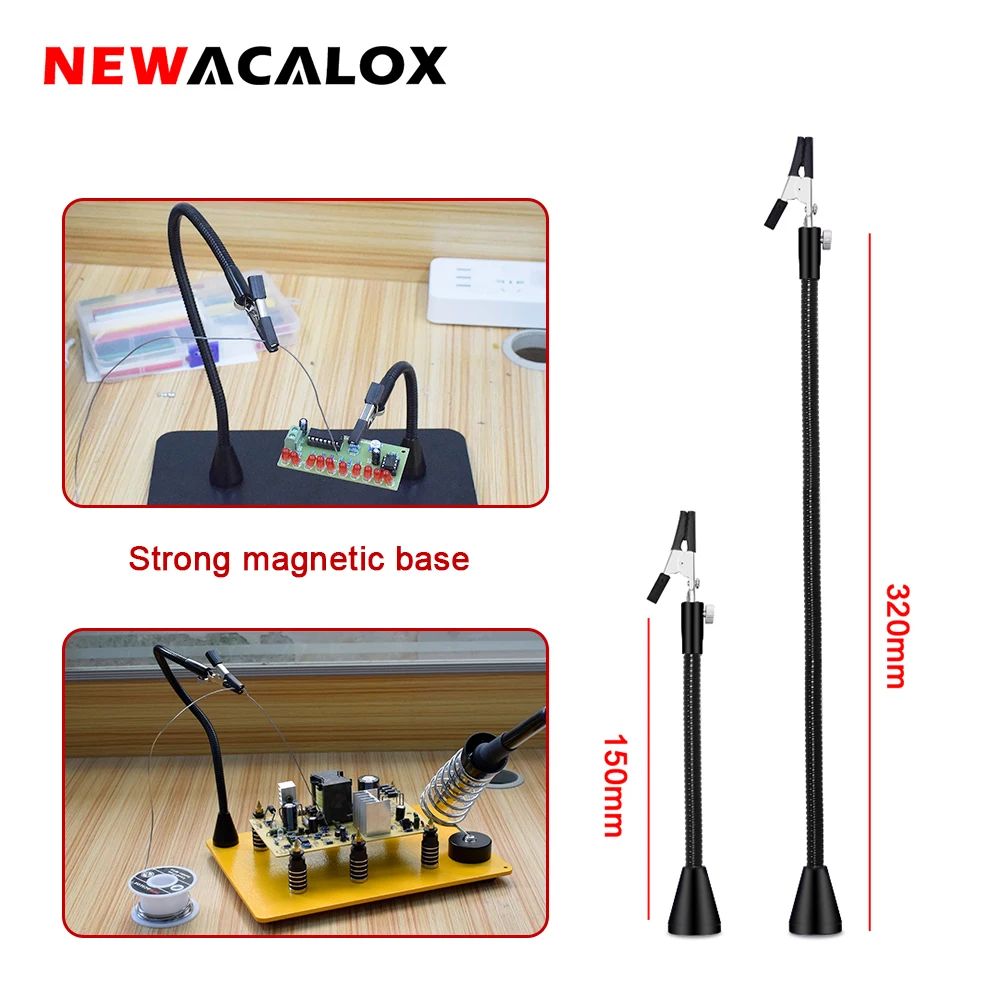 NEWACALOX 320mm/150 mm Magnetic Flexible Arm with 2PC 360 Degree Alligator Clip PCB Board Clip Welding Auxiliary Tool Third Hand