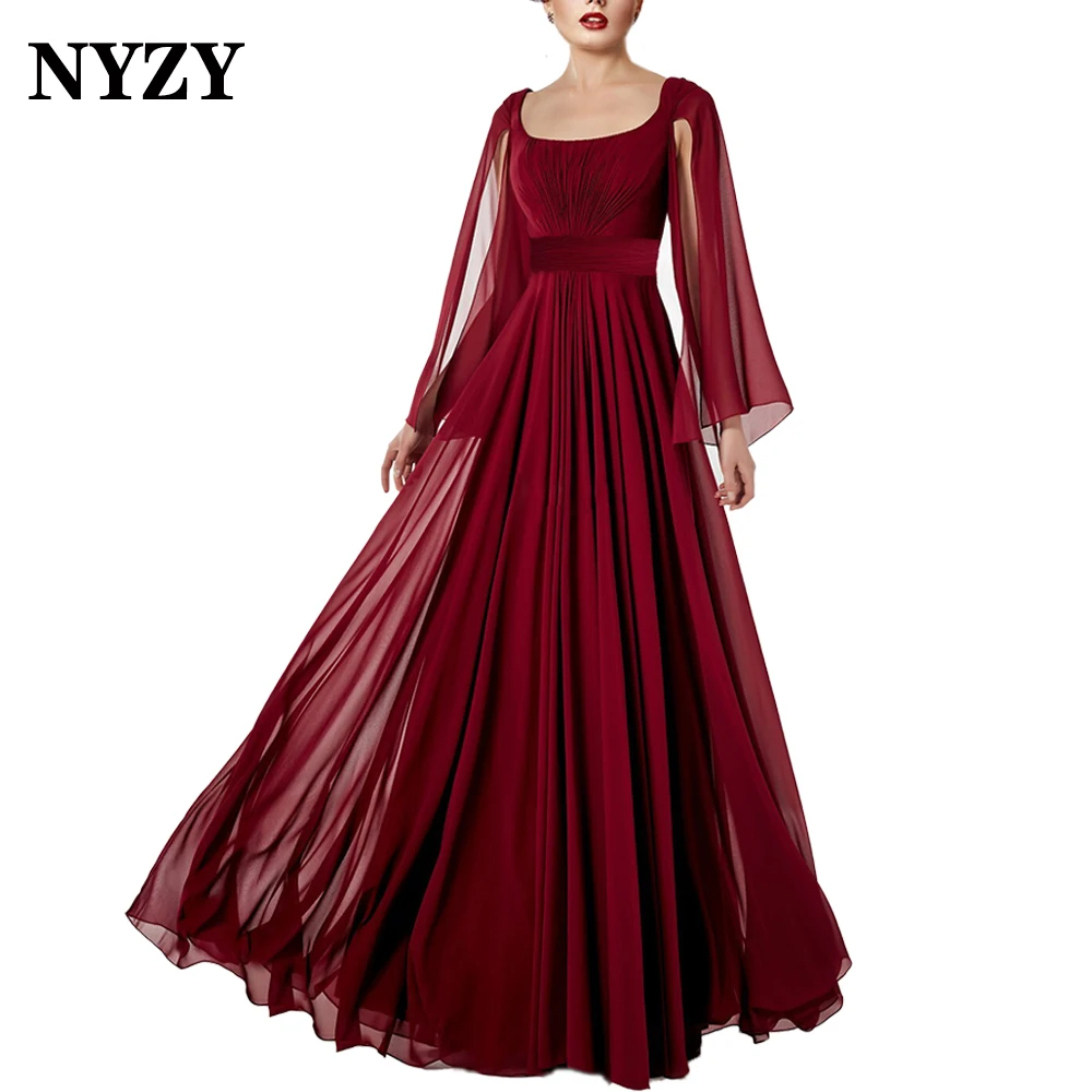 NYZY-vestido de gasa de manga larga para madre de la novia, traje elegante de color verde oliva para invitados de fiesta de boda, vestido Formal de