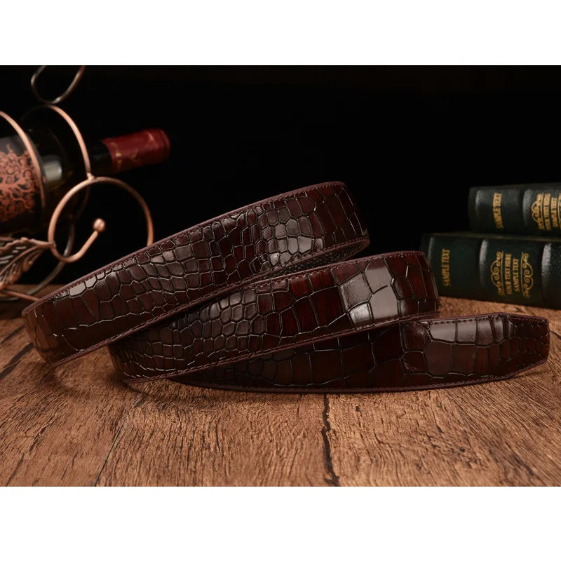 First Layer Crocodile Pattern Genuine Leather 3.5cm Men\'s Belt Body New Luxury Brand for High Quality No Buckle Strap Ceinture