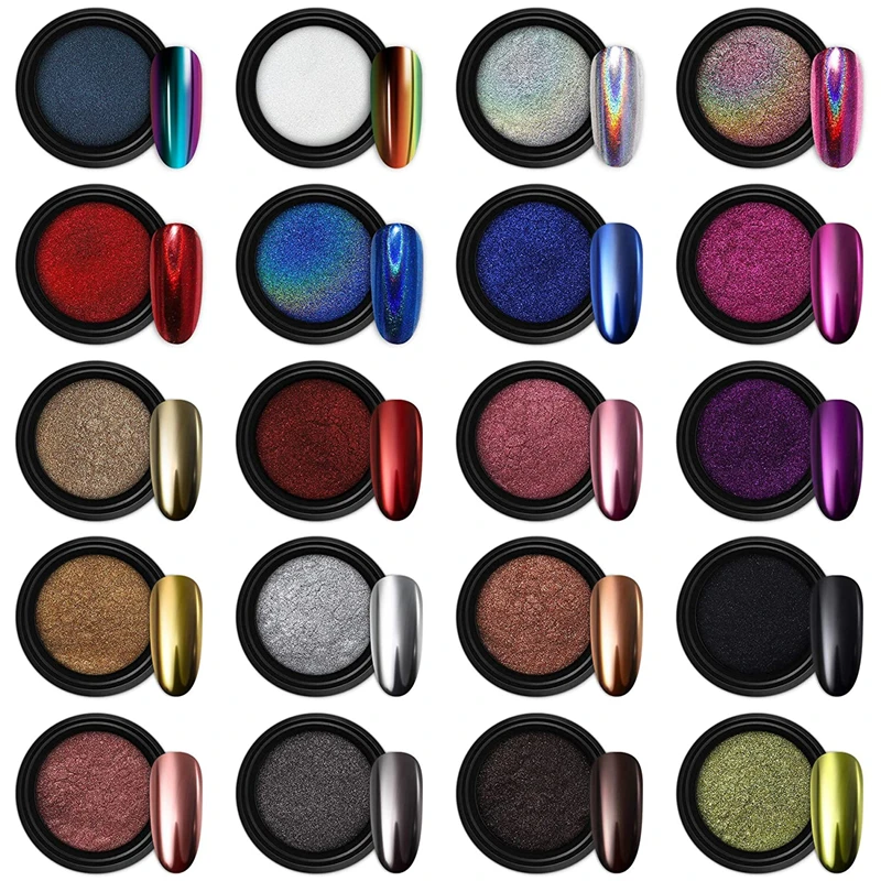 24 Colors Chrome Nail Powder Metallic Chrome Powder for Mirror Effect Nails Art Decoration With Eyeshadow Sticks 0.2g/Jar