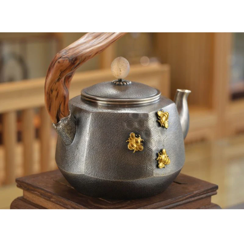 Silver pot 999 sterling silver handmade tea set Japanese retro teapot kettle home tea ceremony Kungfu tea set 600ml