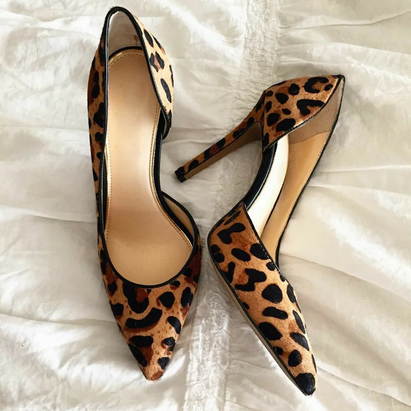 Woman Inside Inleakage Leopard Pumps 12 cm Stiletto Heels Slip-On Pointed Toe Horsehair High Heels Sexy Women Dress Shoes