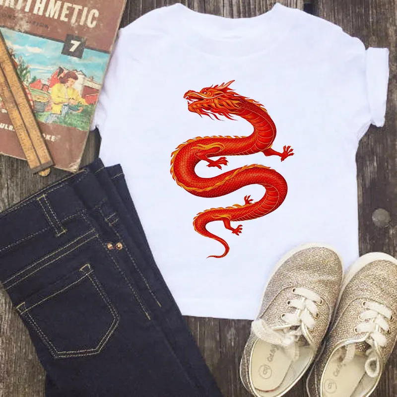 New Chinese Style Retro Fashion Boys Tshirts Printing Dragon T Shirt Enfant Harajuku Girl Tshirt Casual Round Neck Kids Clothes