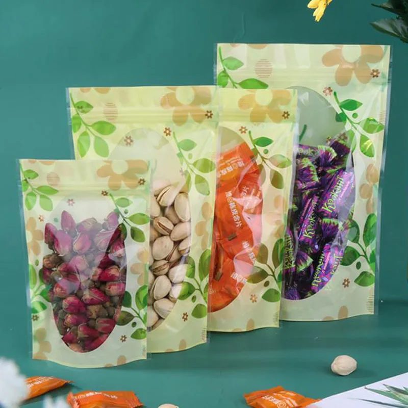 100Pcs Stand up Green Leaf PE Plastic Doypack Pouch Zipper Window Bags Food Storage Packaging Packing Bag Polybag