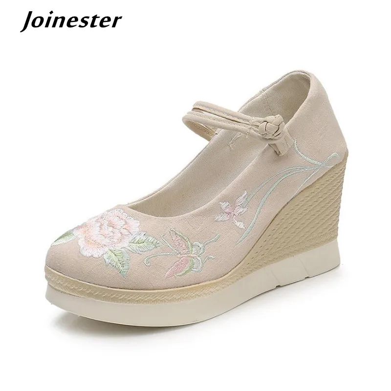 Cotton Fabric Women Wedge Pumps босоножки женские 2021 Ladies Sandals Vintage Embroidered Platform Shoes Mary Jane High Heels