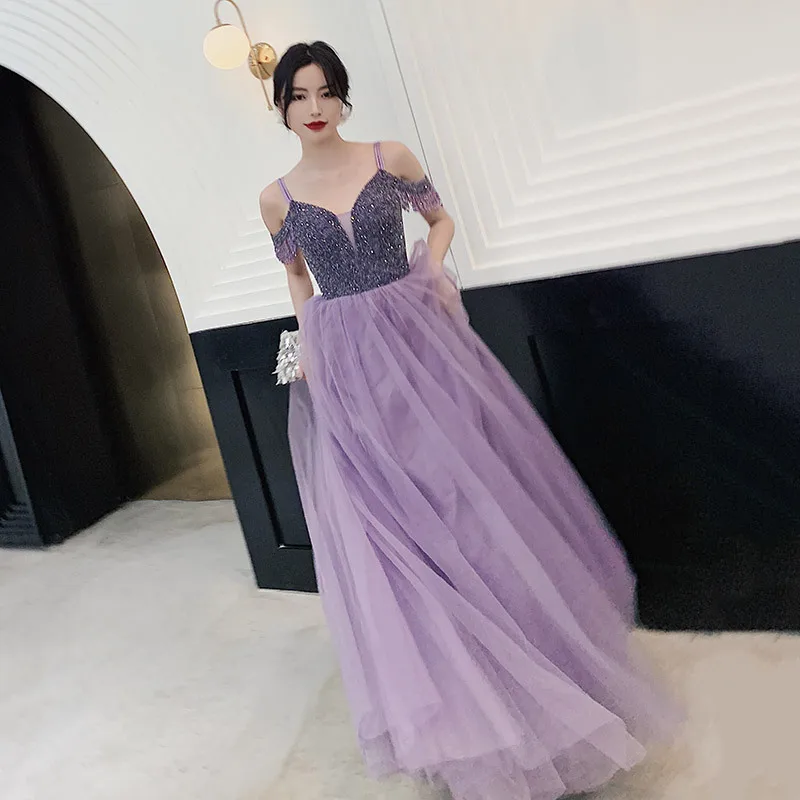 Janevini Charmant Paars Lange Prom Dresses 2020 V-hals Kralen Mouwloze Tulle Floor Lengte A Line Prom Partij Jassen Voor vrouwen