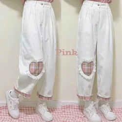 Pantalones rectos Kawaii de pana para chicas, calzas holgadas con parche de corazón de amor, estilo Harajuku, salvaje, japonés
