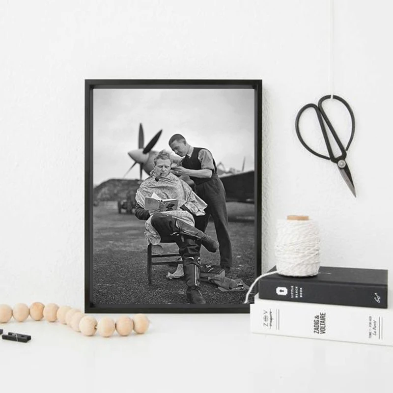 الشعر صالون ديكور Vintage صور WW2 الطيار حلاقة ملصق أسود أبيض يطبع الحلاق متجر الرسم على لوحات القماش الجدارية تصفيف الشعر هدية