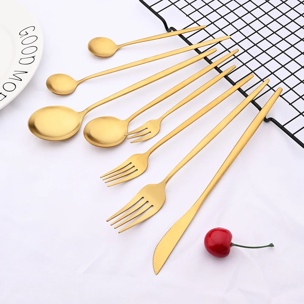 Matte Gold Tableware Stainless Steel Cutlery Set Kitchen Flatware Dinner Fork Spoon Knife Cake Fork Ice Spoon Dinnerware Set