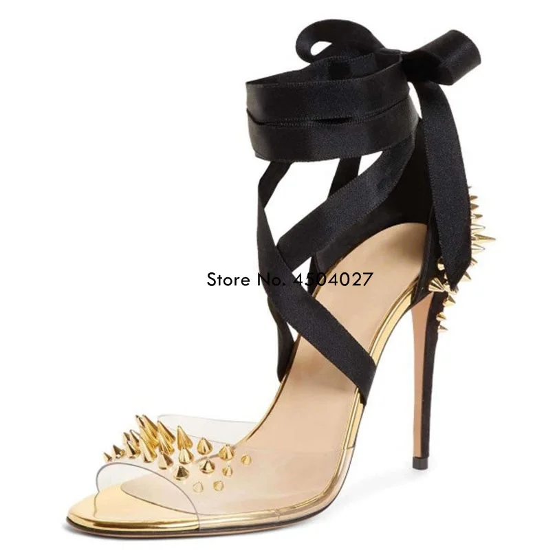 Sexy Black Strappy Transparent PVC Sandals Studded Pumps Gold Sliver Rivets Women Heels Party Dress Shoes