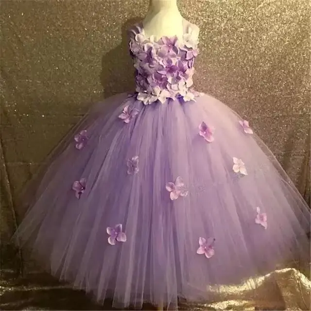 Girls Pink Fairy Flower Petals Tutu Dress Kids Crochet Tulle Dress Long Ball Gown Children Wedding Party Costume Evening Dresses