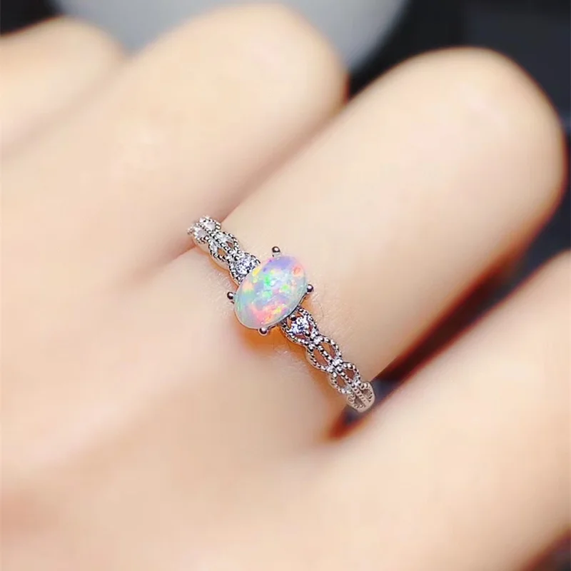 Genuine Opal Ring Real 925 Sterling Silver Fine Jewelry 4*6MM Colorful Natrual Gemstone for Women Birthday Gift Free Ship