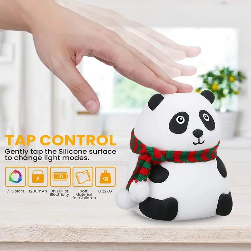 USB Rechargeable 7 Color Changing Panda Night Light Tap Control Nursery Lamp Soft Silicone For Kids Toddlers Bedroom Bedside