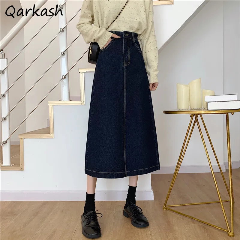 A-line Skirts Women Empire Simple Mid-calf Feminine Casual Basic Spring Solid Vintage Popular All-match Daily Stylish Tender New