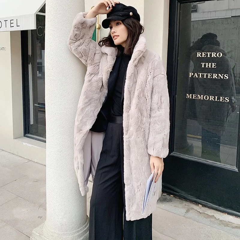 Winter New Women Real Rex Rabbit Fur Coat Female Long Shearling Jacket Colors Warm Loose Fit Hairy Soft Real Fur Overcoat