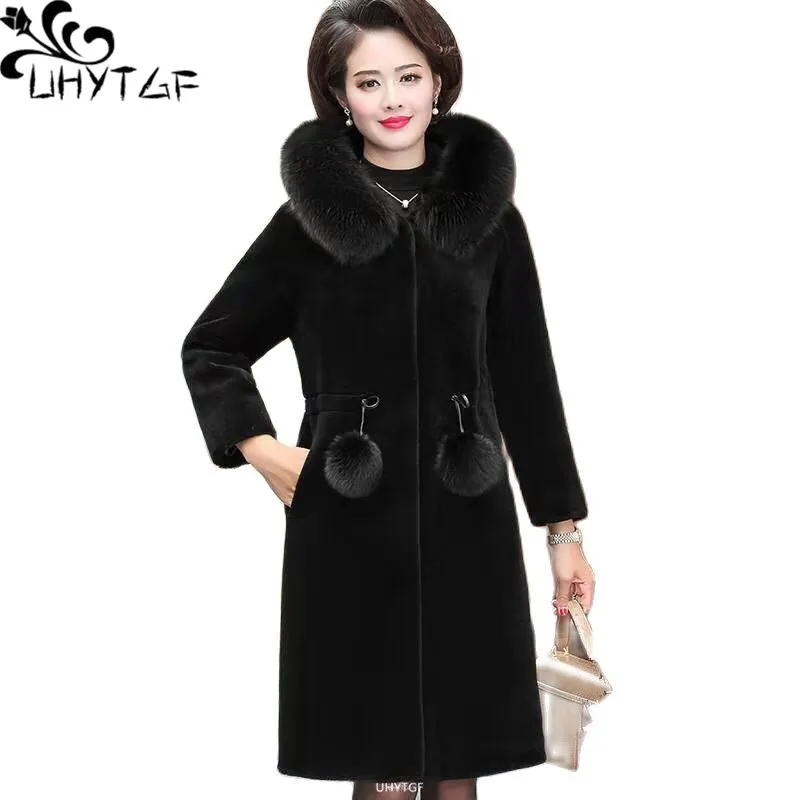 UHYTGF Women Winter Fur Jacket Hooded Imitation Mink Fleece Casual Mom Warm Coat Solid Female Long Outerwear 5XL Loose Size 1619