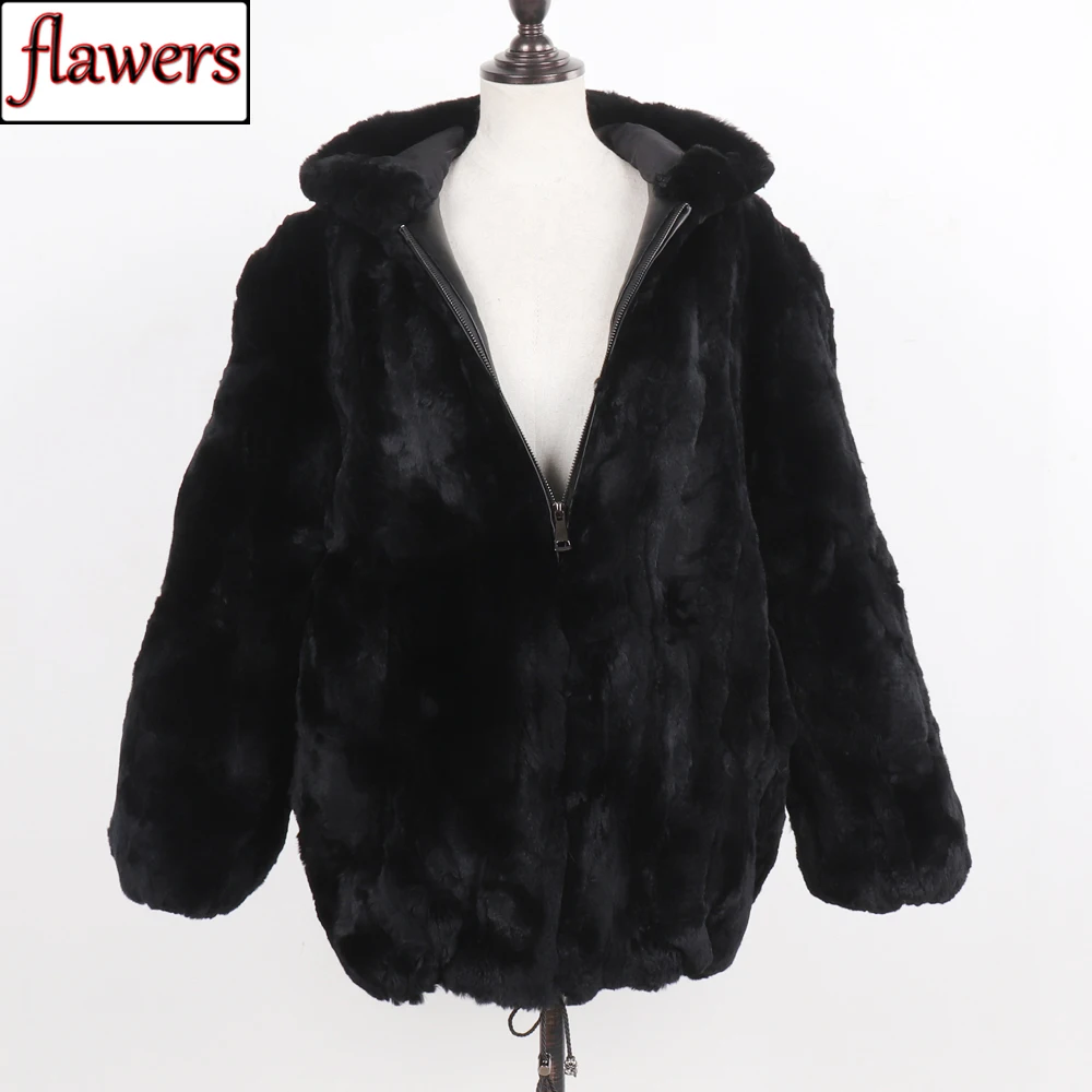 

Hot Sale Women Winter Real Rex Rabbit Fur Hooded Coat Natural Soft Long Rex Rabbit Fur Jackets Lady Warm 100% Real Fur Overcoat