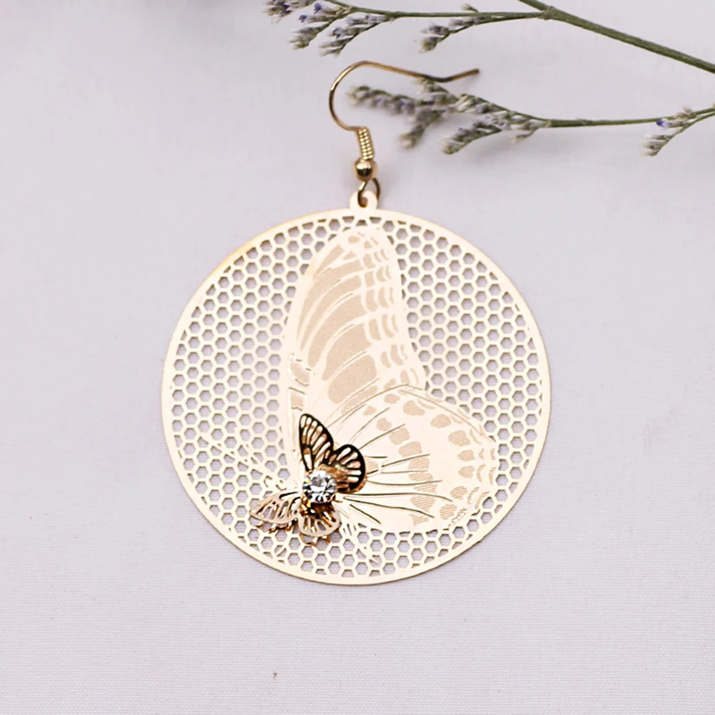 Flying Butterfly Round Earring 3D Butterfly with Rhinestone Honeycomb Background for Women Fashion