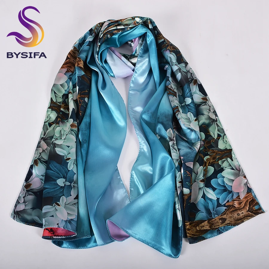 [BYSIFA] Women Ink Blue Satin Long Silk Scarf Shawl Femmes Foulard New Scarf Cape Ladies Double Faces Scarves Printed 160*70cm