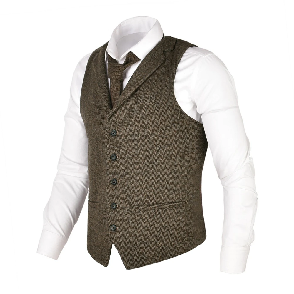 VOBOOM Men Waistcoat Herringbone Tweed Wool Blend Suit Vest Tailored Collar Dress Vests 018