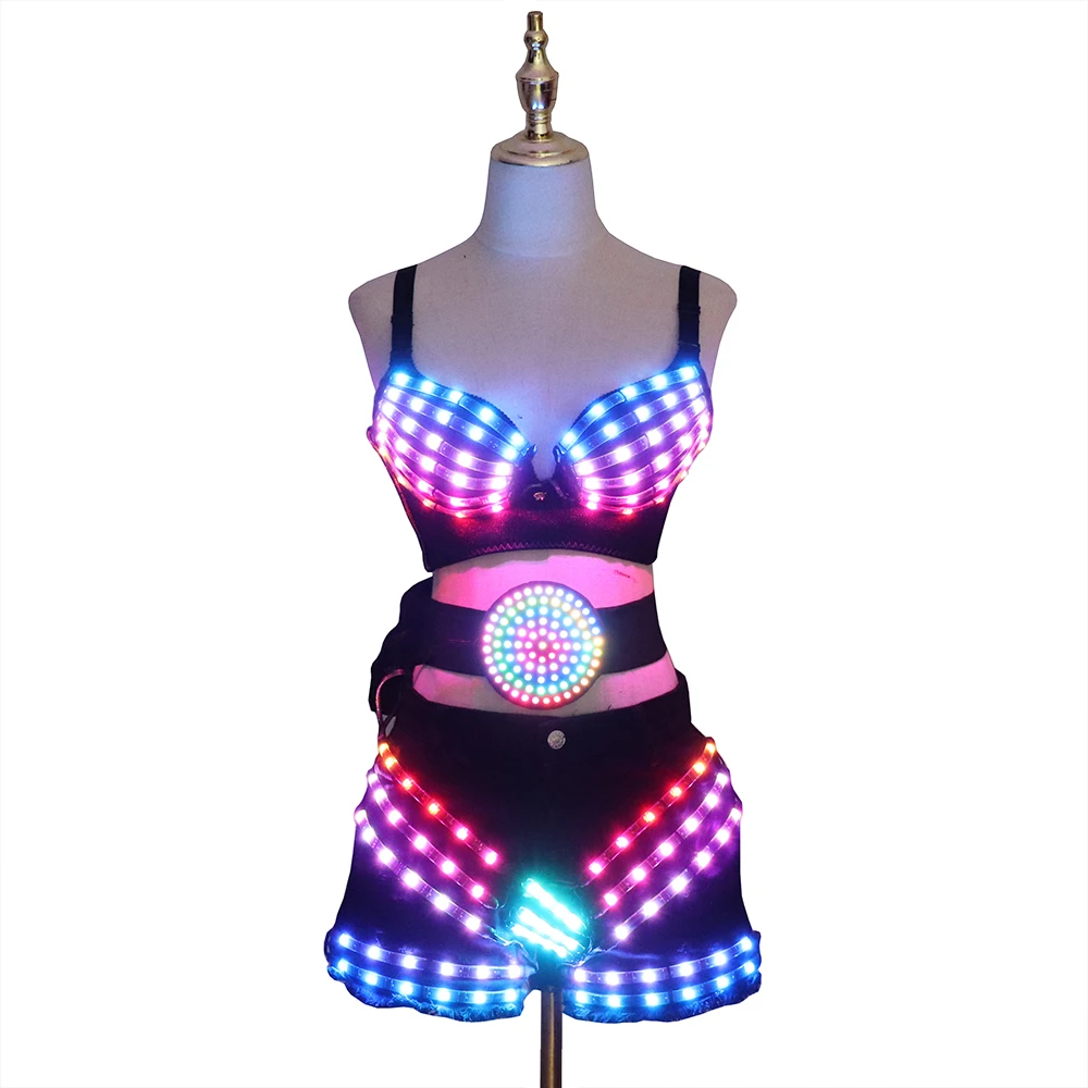 New LED Costume Light Up Bra Sexy Lady Party Dance Suits With Belt DJ Nightclub Bar Glowing Clothing Stage Show Tutu Skirt