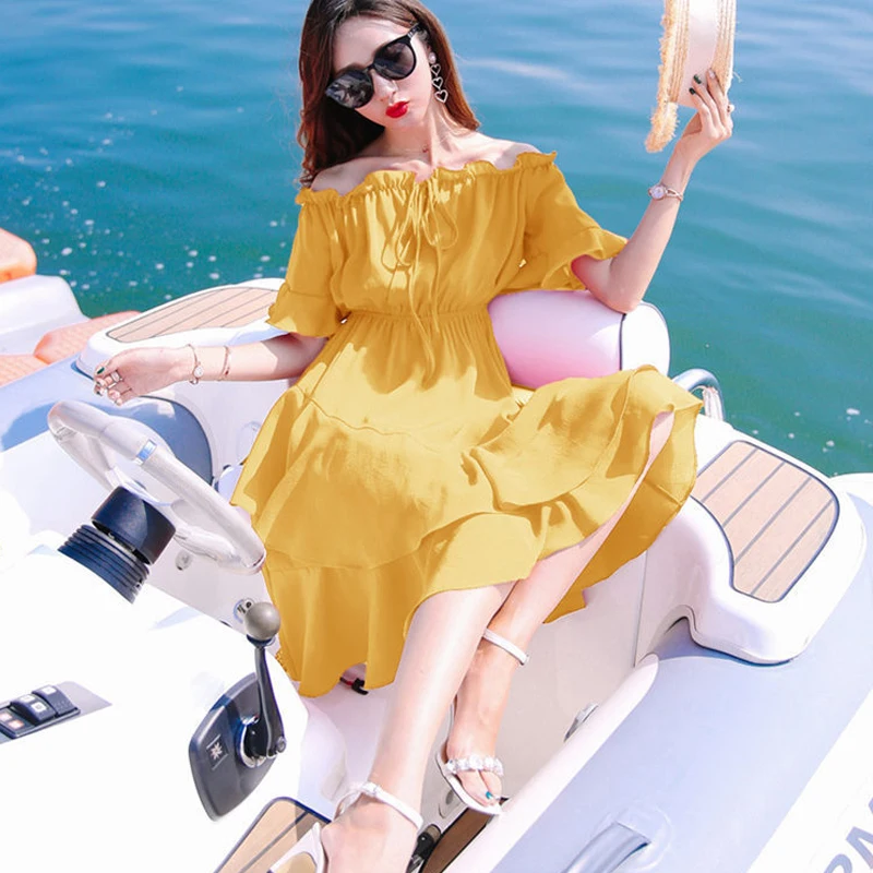 Vestido de verano de manga corta para mujer, vestido rojo de gasa con cuello de barco, falda informal para playa, estilo bohemio