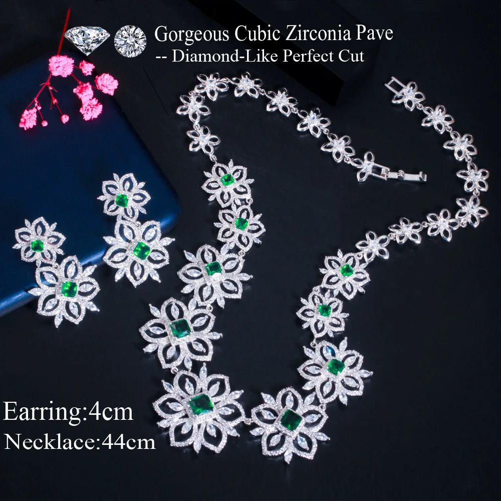 CWWZircons Beautiful Flower Green Cubic Zirconia Bridal Wedding Jewelry Set for Brides Evening Dancing Party Accessories T513