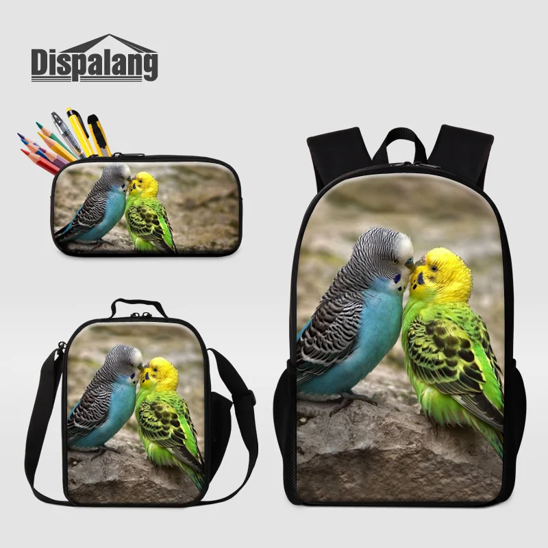 3PCS Cute Bird Parrot Printing Backpack For Middle Student 16 Inch 600D Bookbag With Pencil Case Lunch Bag Teen Daily Schoolbag