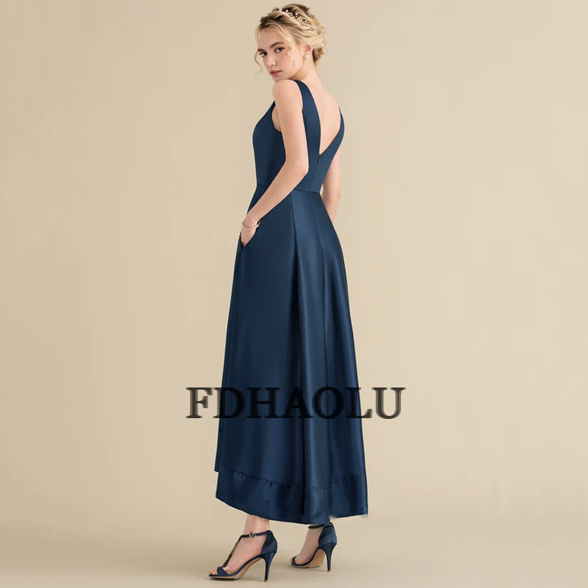 AE02 Biru Prom Gaun Panjang Pergelangan Kaki Panjang V-Neck Zipper Kembali Satin Evening Gaun Formal Pesta Busana Vestidos De Festa