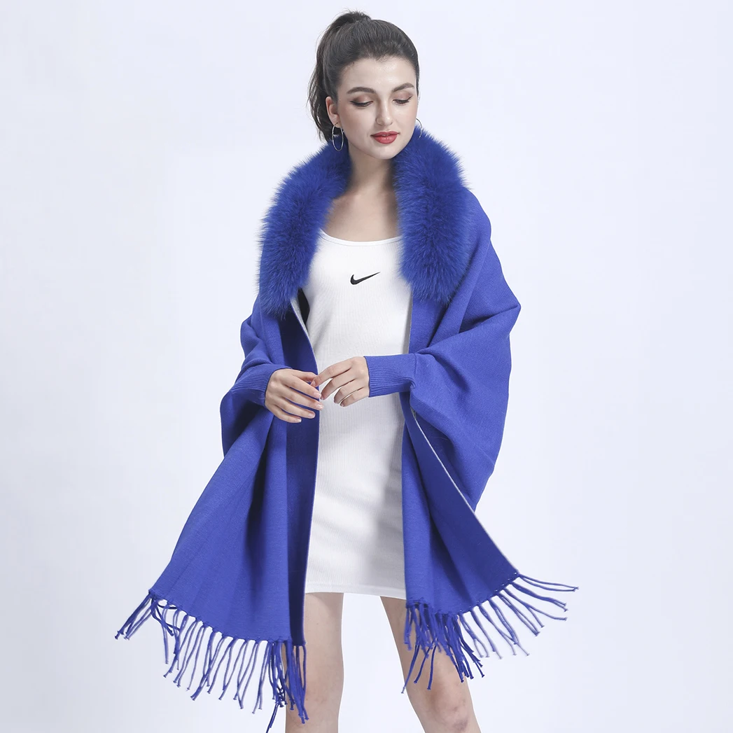 

MISSJANEFUR Woman Winter Cape With Real Fox Fur Collar Solid Elegant Soft Cashmere Knttted Poncho Coat Tassel Cloak Warm Outwear