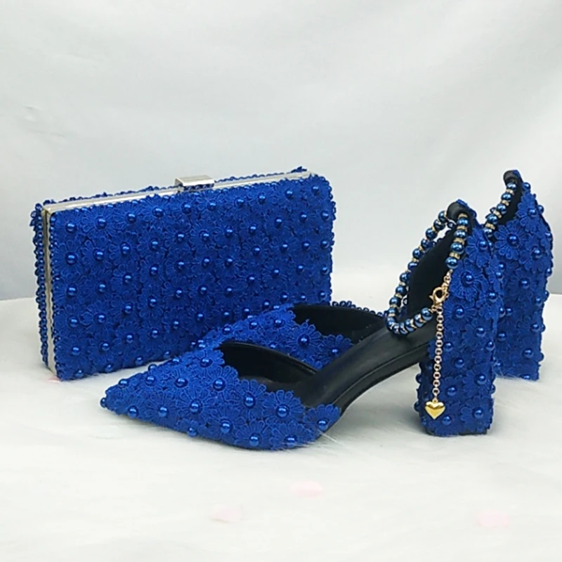 BaoYaFang Royal Blue Beads Flower Strap wedding shoes Bride Pointed Toe Square Thick High Heel Party dress shoes and bag set