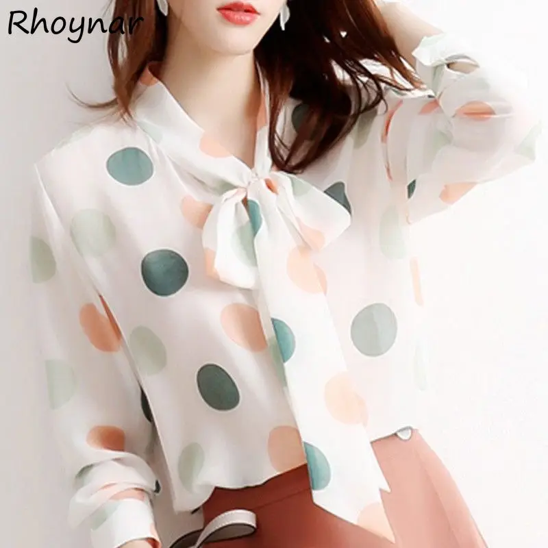 Long Sleeve Shirts Women Bow Collar Polka Dot Korean Style Trendy Popular Chiffon Ulzzang Elegant Tender Autumn Leisure Female