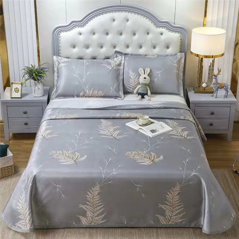 Nordic Style Simple Plant-Printed Bed Sheet Style Ice Silk Mat Set, Widened Edging, Smooth And Cool, Elegant And Delicate