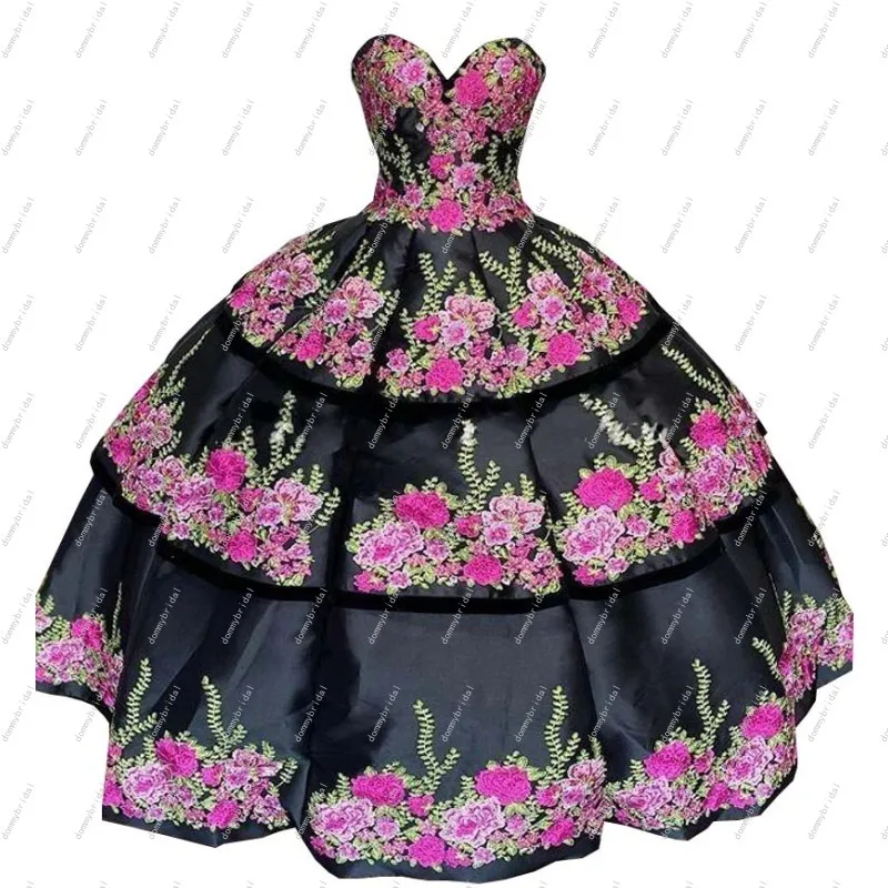 Đen Gợi Cảm Bầu Vestidos De 15 Años 2023 Quinceanera Đầm 3D Hoa Hoa Người Yêu Phồng Mexico Vũ Hội Chính Thức Ngọt Ngào 16