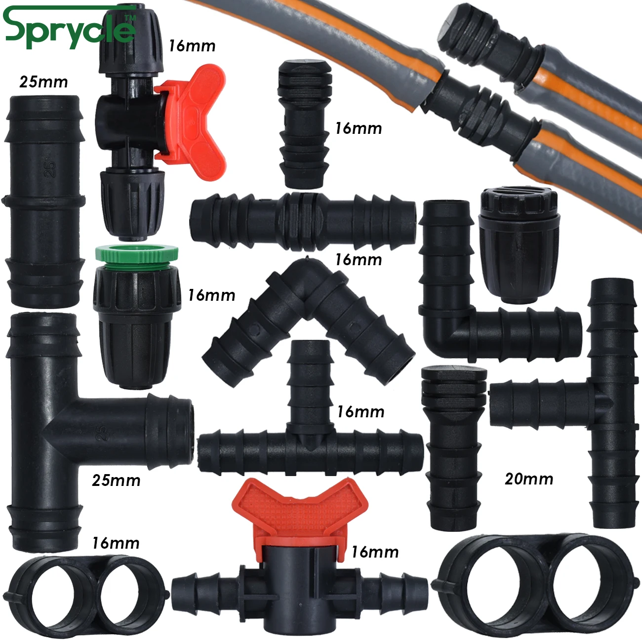 

SPRYCLE 16 20 25mm Barbed Connector Fitting Hose Repair Garden Irrigation Tubing Tee Elbow Couplings End Plug Micro Drip Adapter