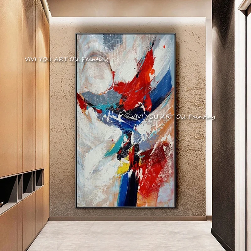 

The Best Gray Blue Red Handmade Modern Abstract Thick Oil Painting On Canvas Corridor Palette Colorful Wall Art Decor for Home