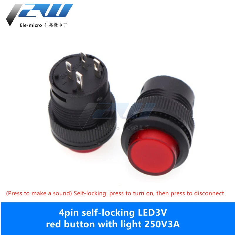 5pcs R16-503 push button switch with light, jog reset, self-locking switch, round red, green and yellow 4 PIN 2 pin 16MM