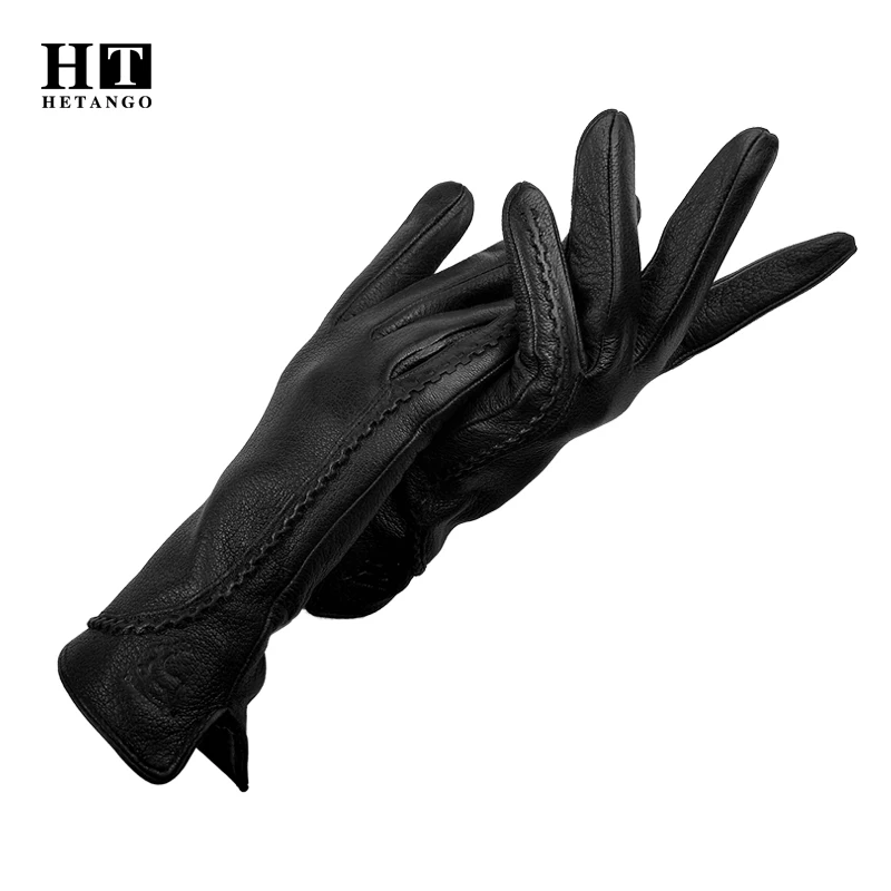 

Winter New Women's Leather Gloves High-End Deerskin Line Design Warm Soft Genuine Leather 70% Wool Lining Cold-Proof Gloves