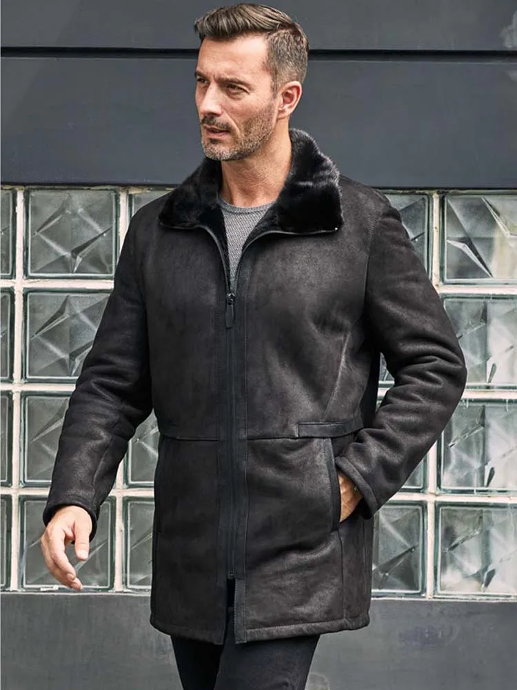 

New Mens Shearling Coat Long Fur Outwear Winter Black Mink Overcoat Lapel Leather Jacket