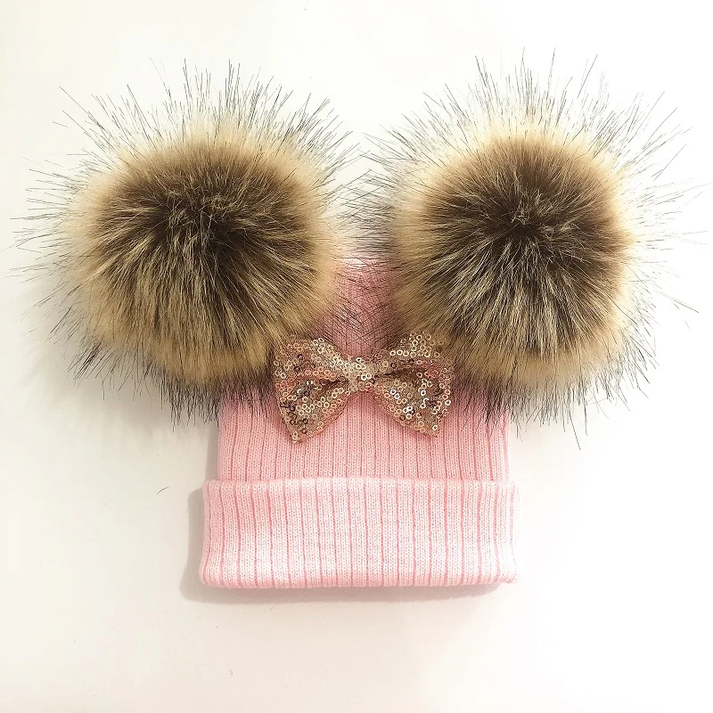 Baby Girl Knit Glitter Bow Knot Double Pompom Hat Faux Fur Winter Cap For Kids Children Beanie Bonnet