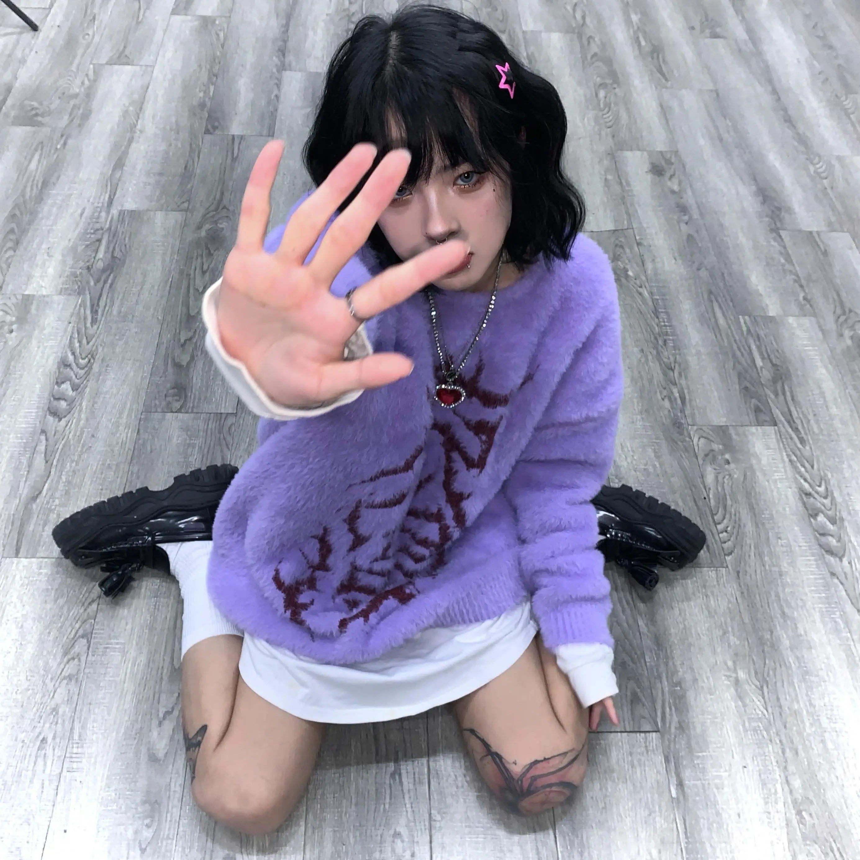 Japanese Women Sweater Harajuku Purple Long SLeeve Streetwear Knit Pullovers Autumn Winter Warm Punk Sweater Jumpers