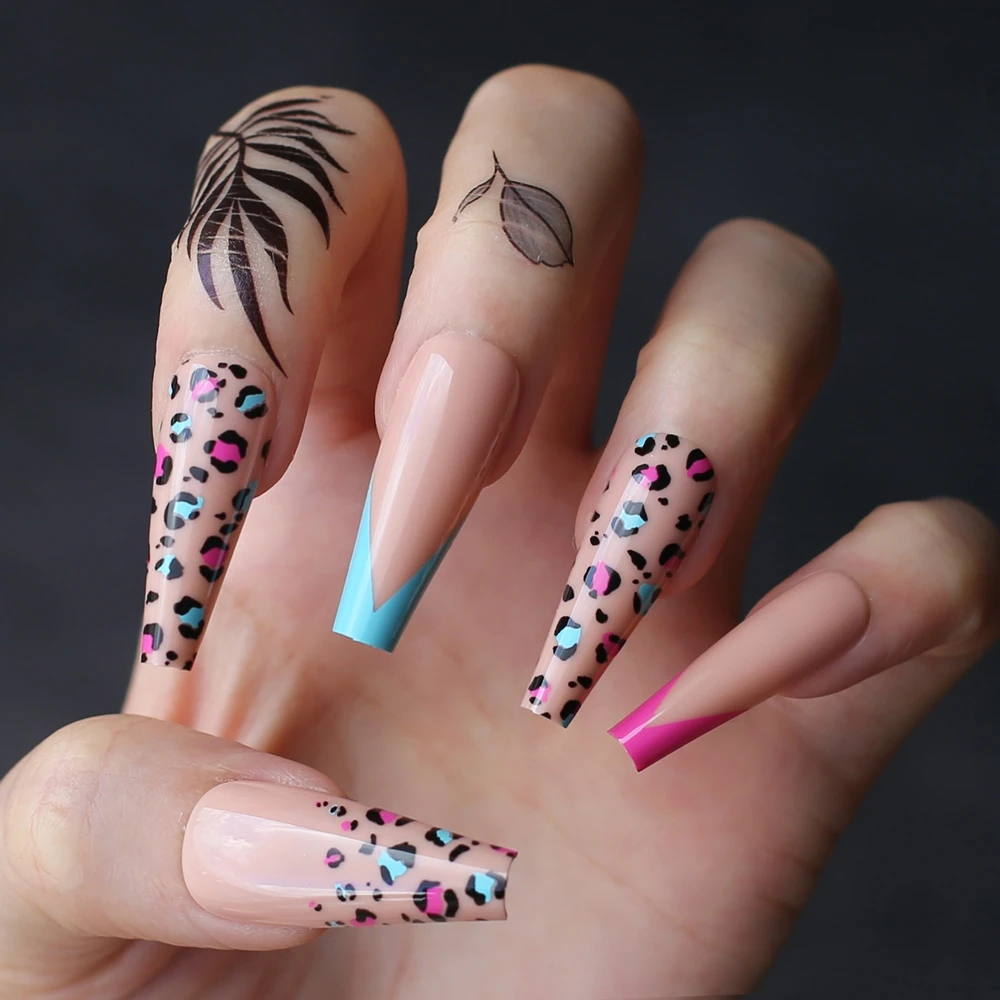 Candy brown Leopard Print French Pink blue french Extra coffin Fake nails Melange cheetah Pastel ballet False nail art