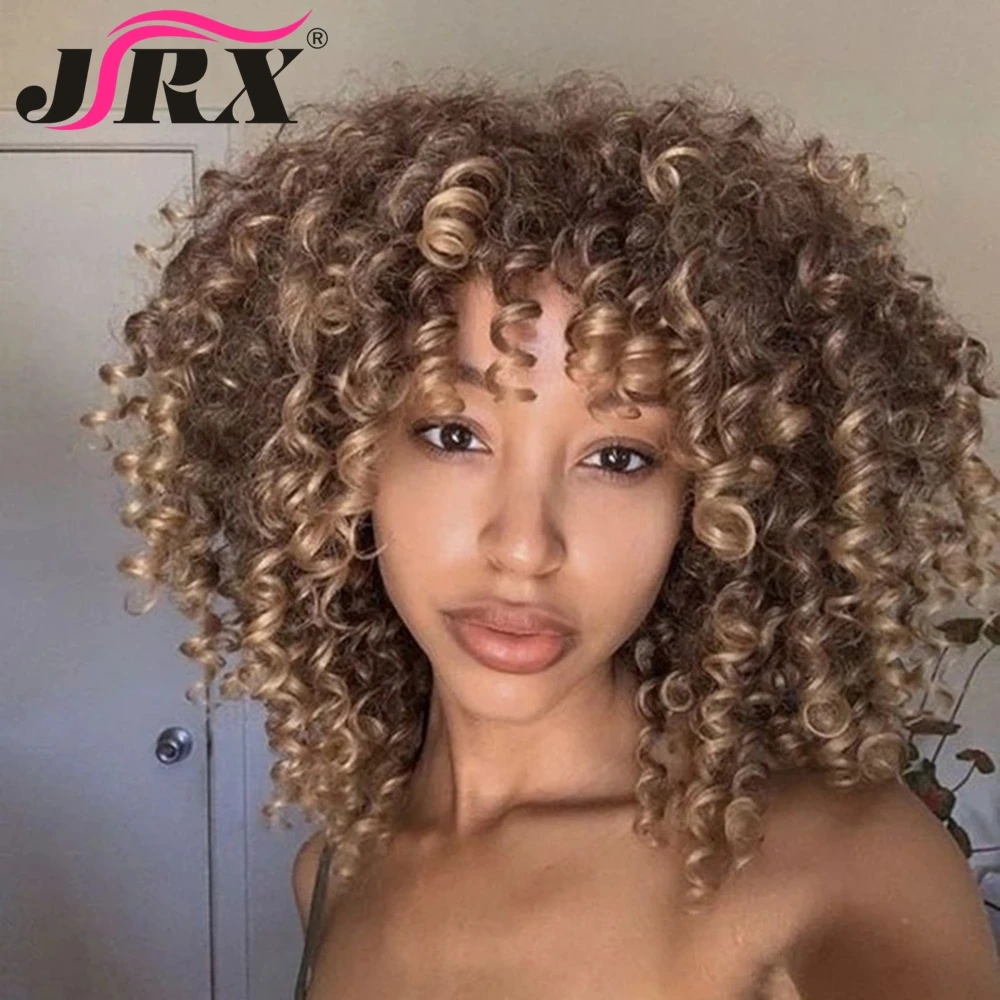 Honey Blonde 200% Short Curly Full Machine Made Wigs Peruvian Remy Hair With Bangs For Black Women Afro Curly Human Hair Wigs