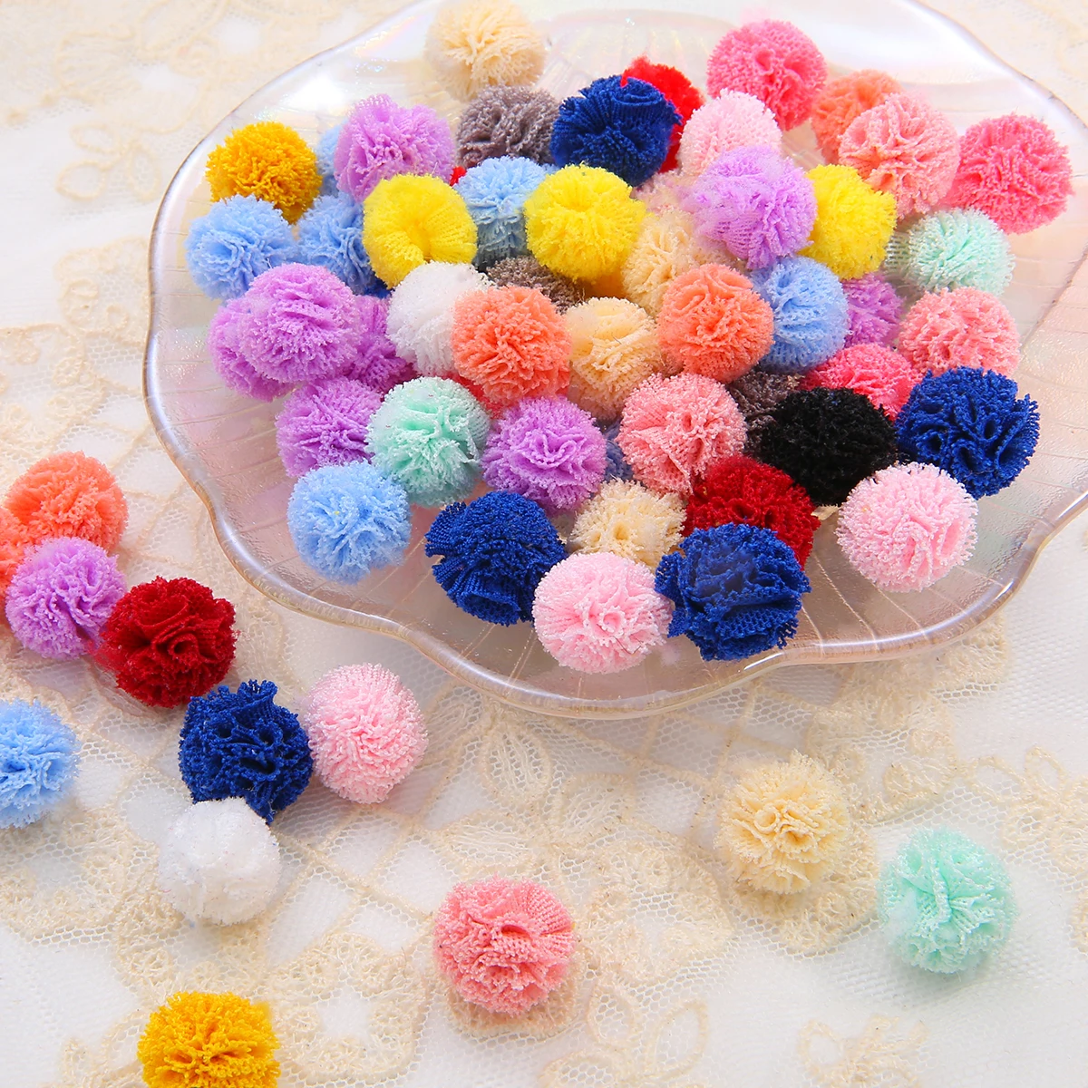 30-120 Uds. Bola de encaje de Corea de 15mm DIY gasa flor elástica pompones artesanía colgante de malla de felpa para horquillas accesorios para hacer joyas