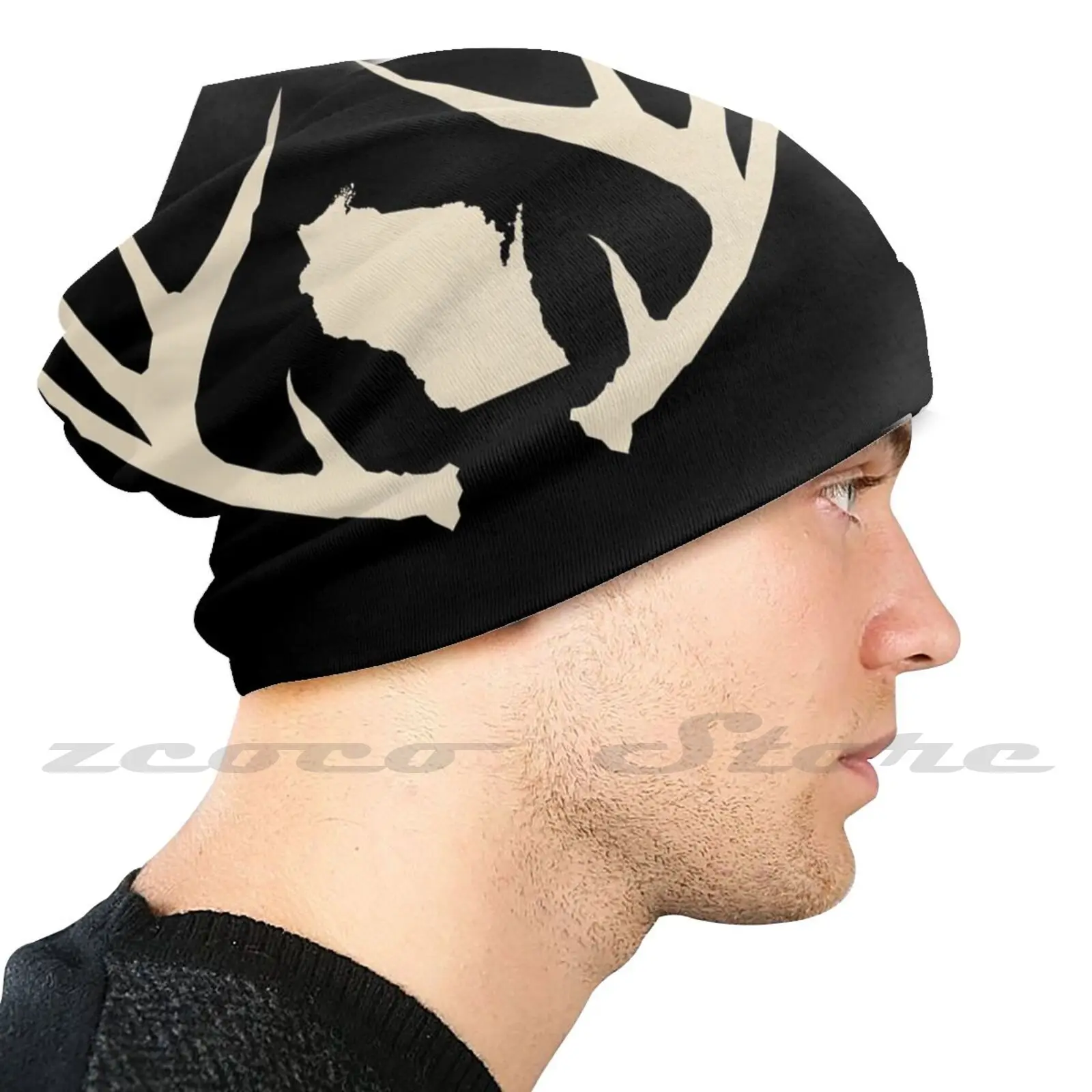 Wisconsin Antlers Black Mask Personalized Pattern Knit Hats Plus Size Elastic Soft Cap Wisconsin Deer Antlers Basketball 414